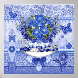 Blue Porcelain Kopp och Flowers Poster