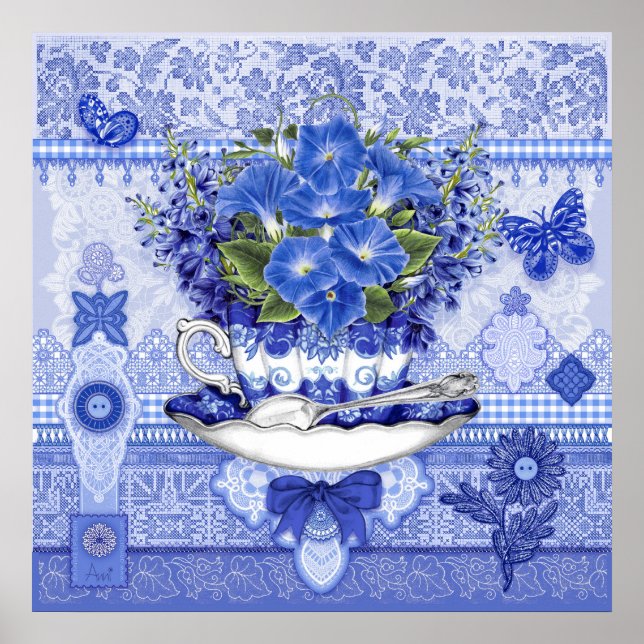 Blue Porcelain Kopp och Flowers Poster (Framsidan)
