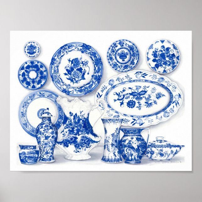 Blue Porcelain Watercolor Art Poster (Framsidan)