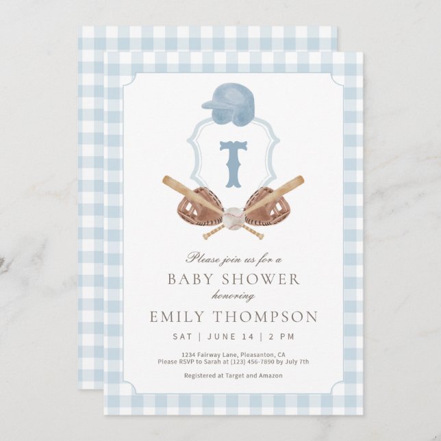 Blue Preppy Baseball Crest Baby Shower Invitation Tack Kort (Fram/baksida)