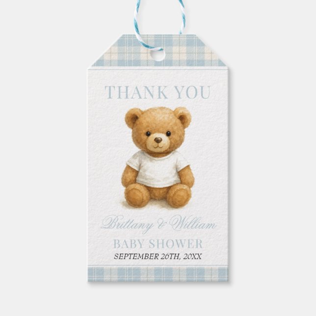 Blue Preppy Bear Modern Play Baby Shower Presentetikett (Framsidan)