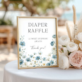 Blue Preppy Flowers Watercolor Diaper Raffle Sign Poster