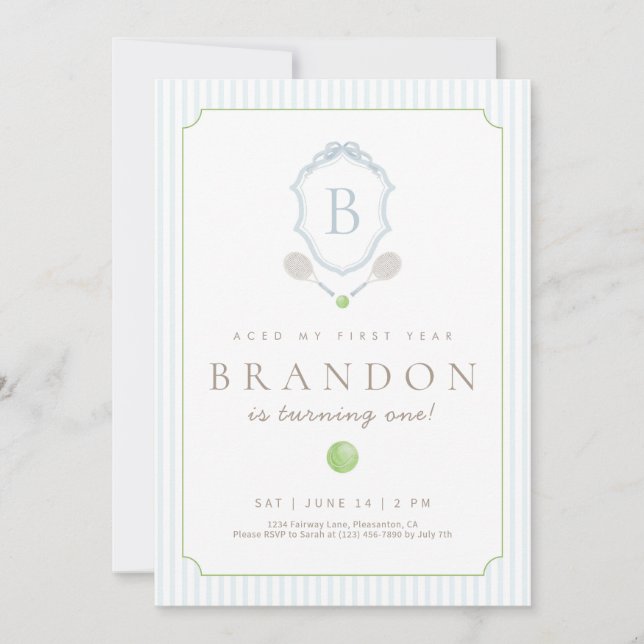 Blue Preppy Tennis Crest 1st Birthday invite Tack Kort (Framsida)