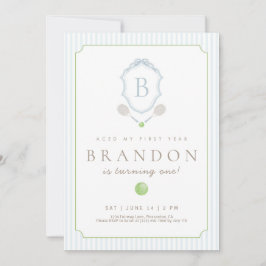Blue Preppy Tennis Crest 1st Birthday invite Tack Kort