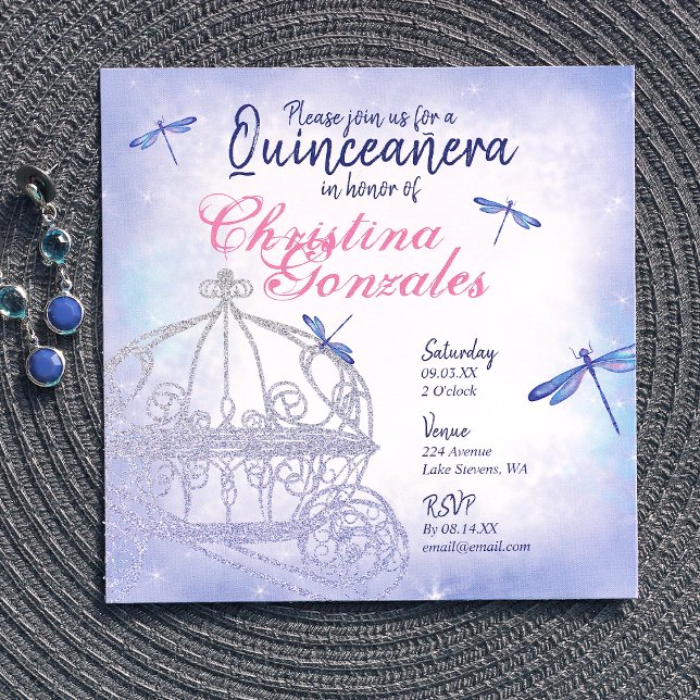 Blue Princess Carriage Quinceañera Inbjudningar (dusty blue, princess horse buggy carriage quinceanera invitations, whimsical dragonflies)