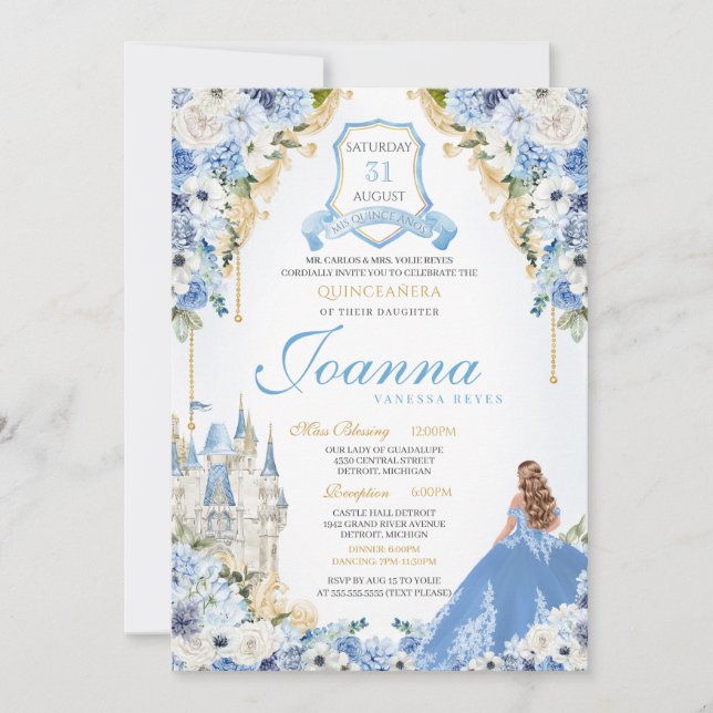 Blue Princess Cinderella Royal Quinceanera v6 Inbjudningar (Framsida)