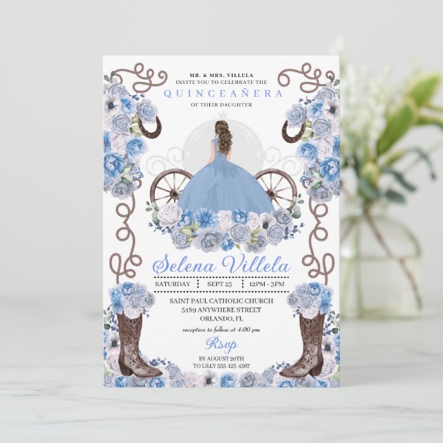 Blue Princess Dress & Boots Quinceañera Inbjudningar (Stående Fram)
