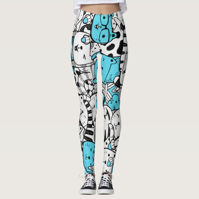Blue Psychedelic Cat Kitten Illustration Abstrakt Leggings (Framsida)