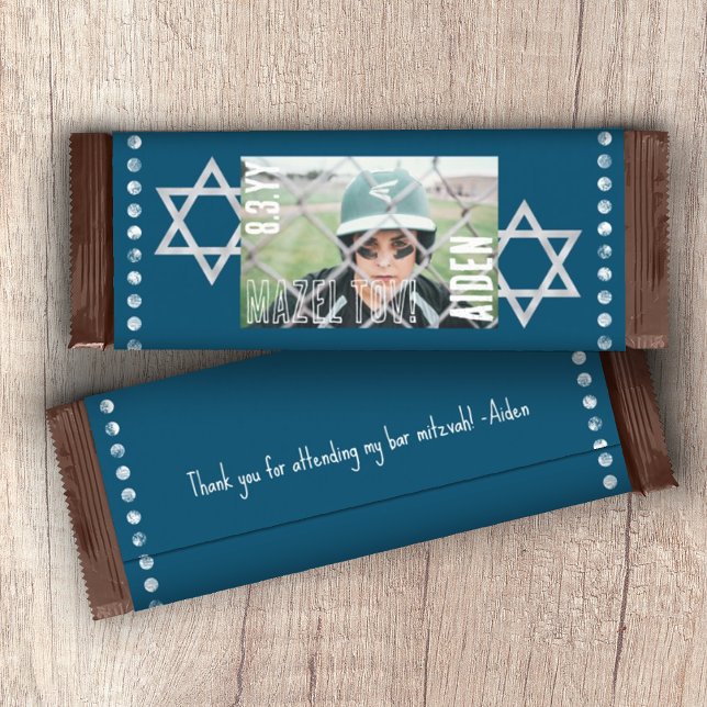 Blue Pub Mitzvah Budget Candy Pub Wrapper w/Stars Flygblad (DIY Budget Personalized Blue Bar Mitzvah Candy Bar Wrapper with Photo, Stars of David)