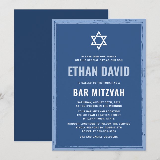 Blue pub mitzvah-inbjudningar med råa gräns inbjudningar (Fram/baksida)