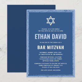 Blue pub mitzvah-inbjudningar med råa gräns inbjudningar