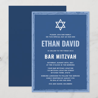 Blue pub mitzvah-inbjudningar med råa gräns inbjudningar