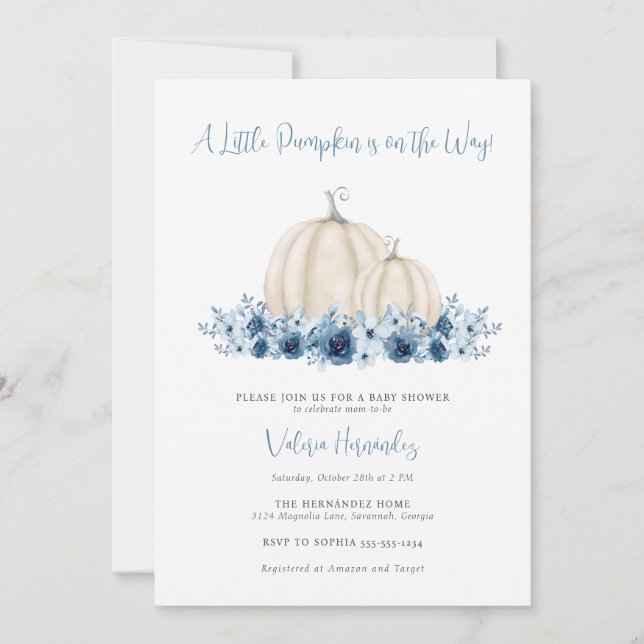 Blue Pumpkin Bilingual Spain English Baby Shower Inbjudningar (Framsida)