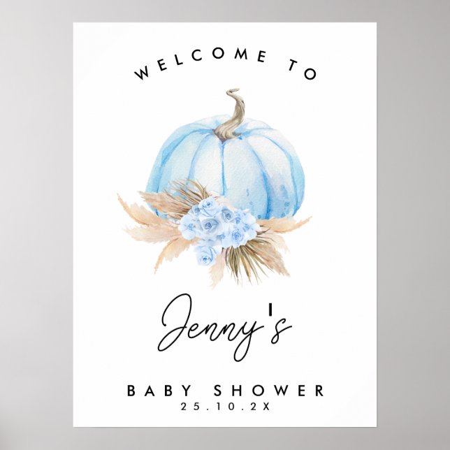 Blue Pumpkin Boho Blommigt Boys Baby Shower Välkom Poster (Framsidan)