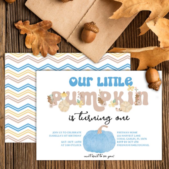 Blue Pumpkin Boy First Birthday Inbjudan (Blue pumpkin birthday party invitation)