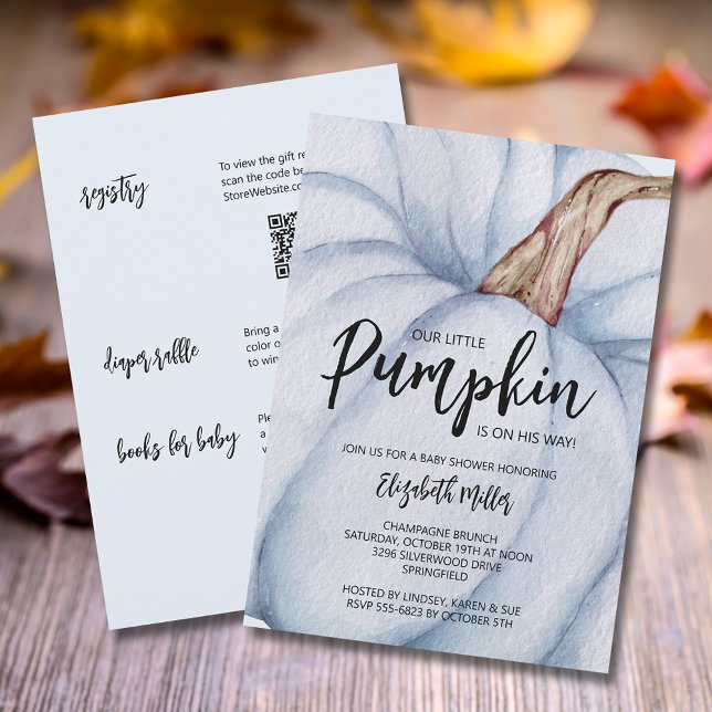 Blue Pumpkin Boy Shower allt i ett Inbjudningar (Blue pumpkin boy baby shower all in one invitations,  registry, diaper raffle & books for baby )