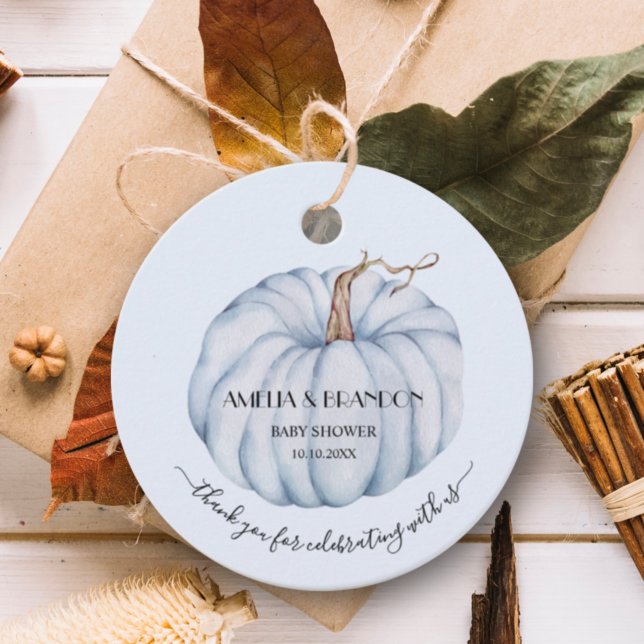 Blue Pumpkin Boy Shower Tack Gåvor Etiketter (Blue Pumpkin Boy Baby Shower Thank You Favor Tags)