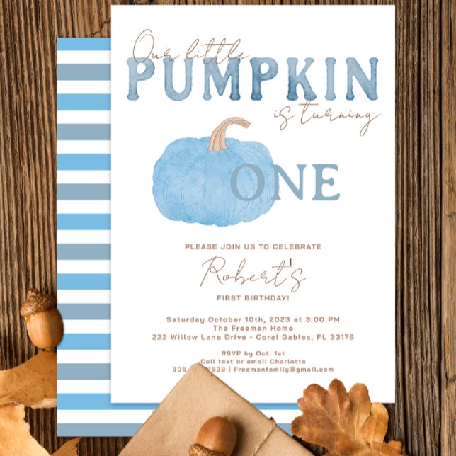 Blue Pumpkin First Birthday Inbjudan (Blue Watercolor Pumpkin Birthday Invitation)