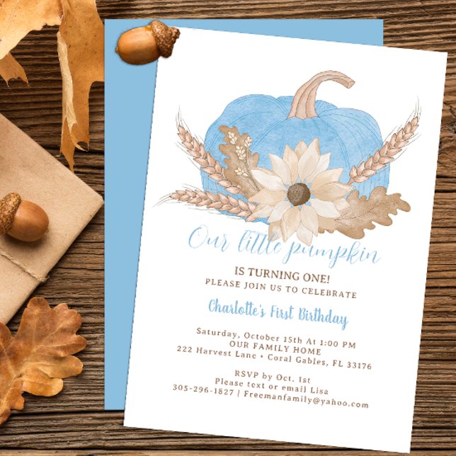 Blue Pumpkin First Birthday Inbjudan (blue pumpkin fall birthday party invitation)