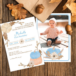 Blue Pumpkin First Birthday Photo Inbjudan