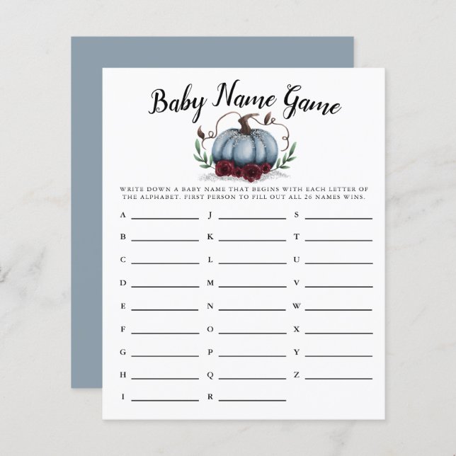 Blue Pumpkin Girl Baby Namn Shower Game (Fram/baksida)
