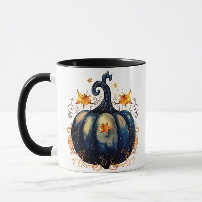 Blue Pumpkin Guld Scrolls Löv Halloween Mugg (Vänster)
