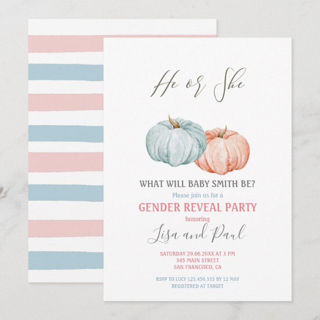 Blue Pumpkin Han eller hon Gender Reveal Inbjudningar (Fram/baksida)