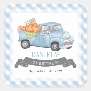 Blue Pumpkin Lastbil Gingham Boy 1st Birthday Fyrkantigt Klistermärke