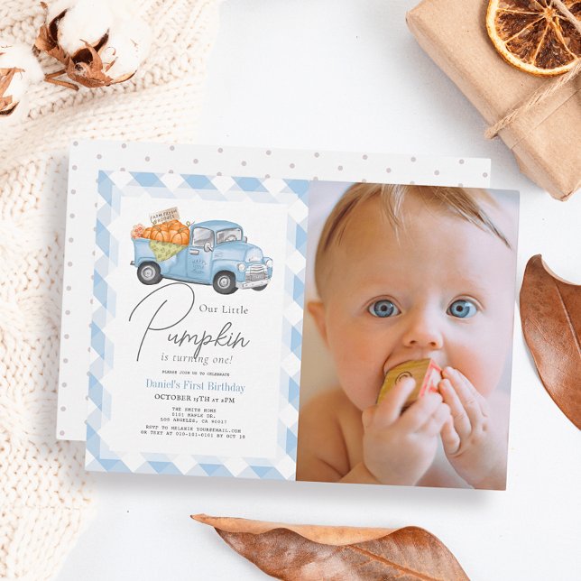 Blue Pumpkin Lastbil Gingham Boy Photo 1st Birthda Inbjudningar (Skapare uppladdad)