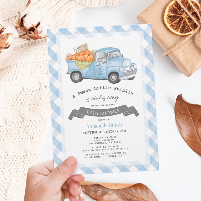Blue Pumpkin Lastbil Gingham Boy Shower Inbjudningar (Skapare uppladdad)