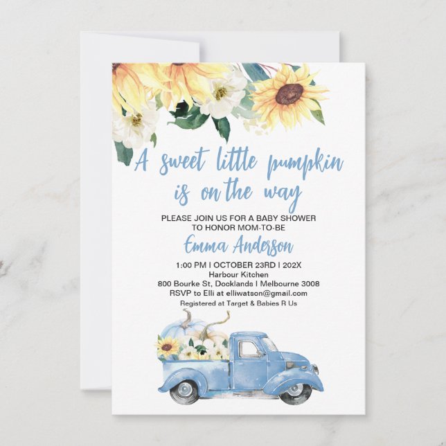 Blue Pumpkin Lastbil Sunwers Baby Shower Inbjudningar (Framsida)