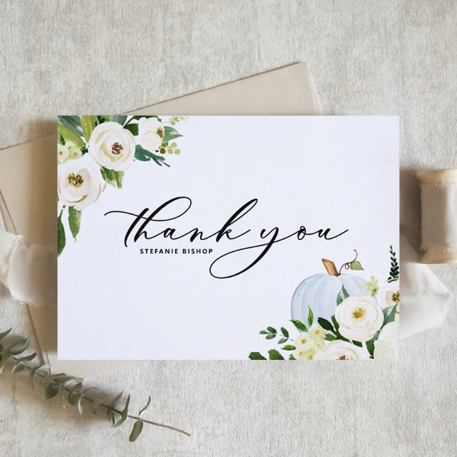 Blue Pumpkin och Greenery Autumn Baby Shower Tack Kort (Skapare uppladdad)