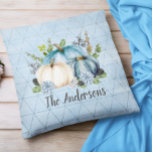 Blue Pumpkin Patch Monogram Family namn Kudde<br><div class="desc">Den här designen kan vara personlig i det område som tillhandahålls genom att ändra fotot och/eller text. Du kan också anpassa den genom att klicka på Anpassa den här mallen och sedan välja klicka för att anpassa ytterligare alternativ och ta bort eller ändra färg i bakgrunden, lägga till text, ändra...</div>