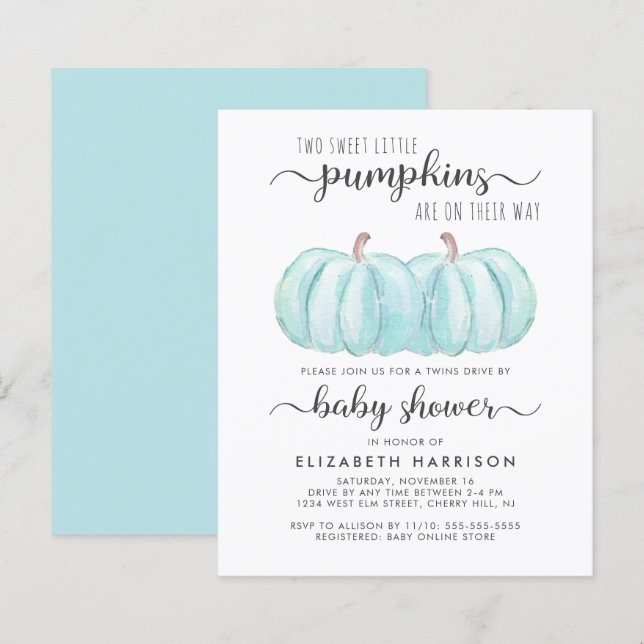 Blue Pumpkin Twin Boys Drive by Baby Shower (Fram/baksida)
