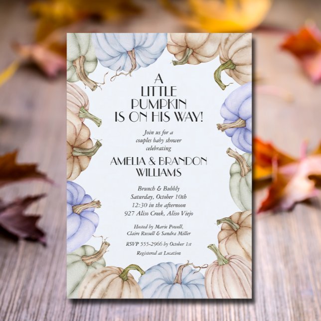 Blue Pumpkins Boy Baby Shower Inbjudningar (Pumpkins blue boy baby shower invitations, INSTANT DOWNLOAD and/or PRINTED)