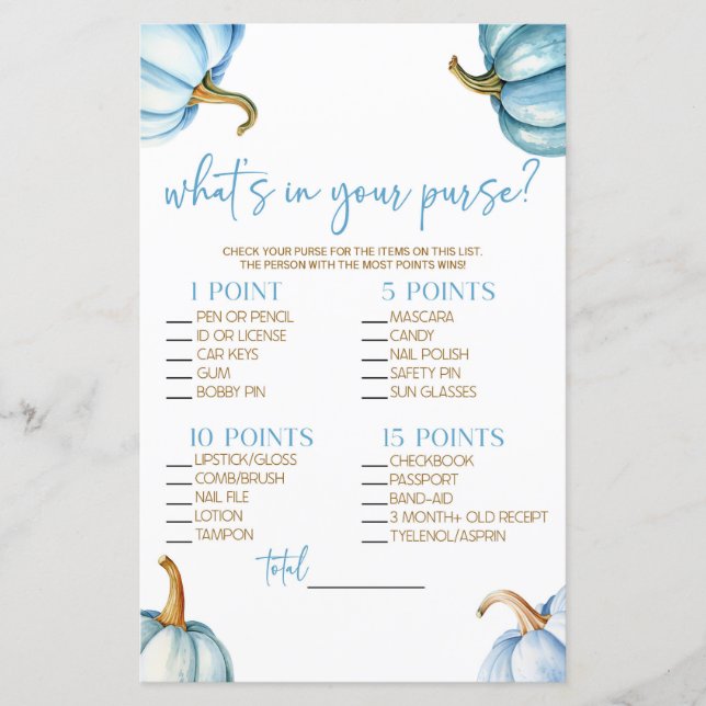 Blue Pumpkins What's in Purse Baby Shower Game (Framsida)