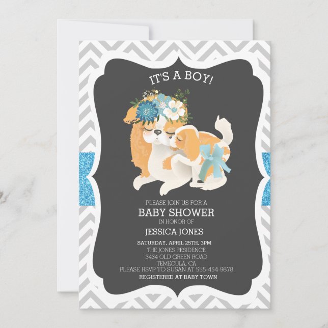 Blue Puppy Hund Mamma Chevron Baby Shower Inbjudningar (Framsida)