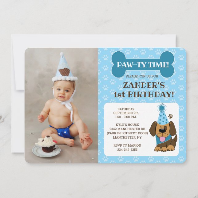 Blue Puppy Hund Photo Tass-ty Dubbla Sided Birthda Inbjudningar (Baksida)