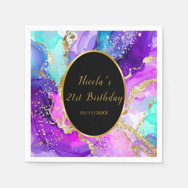 Blue, Purple and Gold Ink Birthday Party Pappersservett (Framsidan)