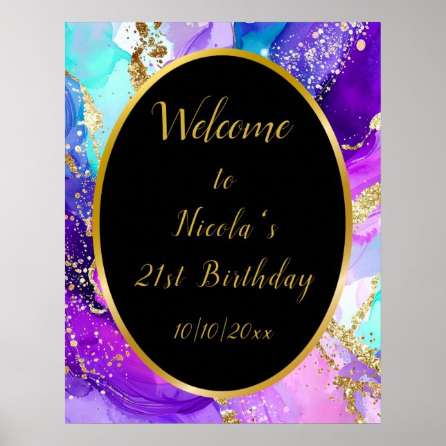Blue, Purple and Gold Ink Birthday Party Welcome Poster (Framsidan)