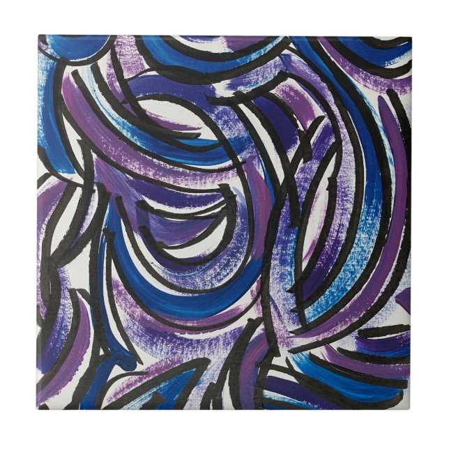 Blue Purple Brushstrokes-Hand Painted Abstract Kakelplatta (Framsidan)