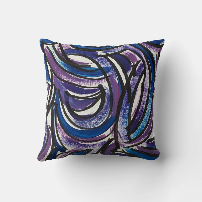 Blue Purple Brushstrokes-Hand Painted Abstract Kudde (Baksida)