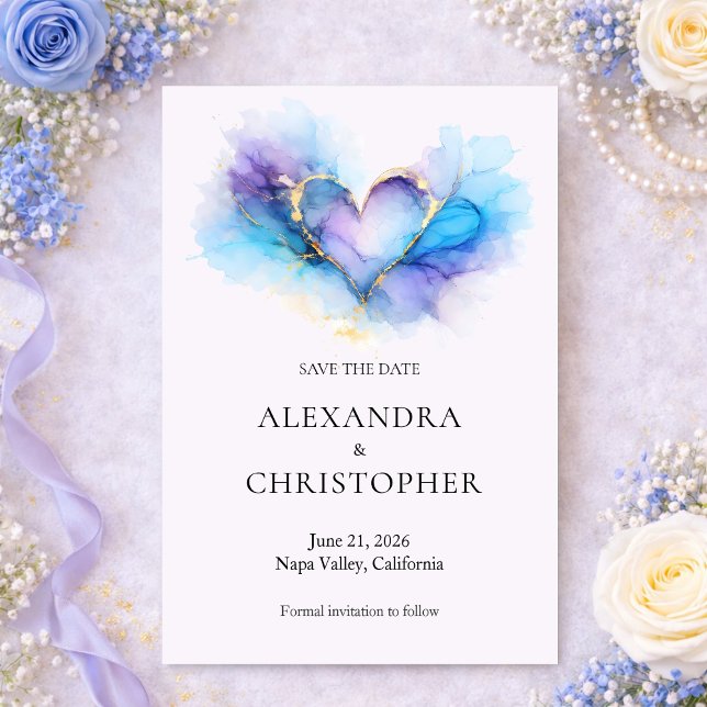 Blue Purple Gold Abstract Heart  Save the Date (Skapare uppladdad)