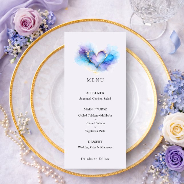 Blue Purple Gold Abstract Heart Wedding Menu Meny (Skapare uppladdad)