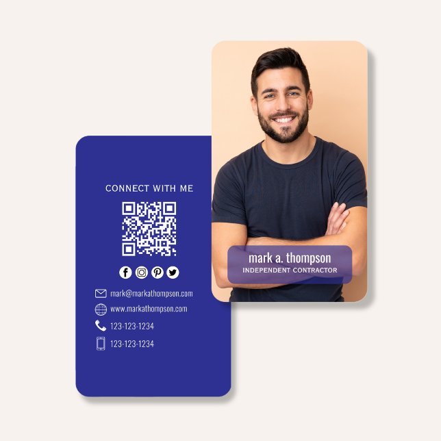 Blue QR Code Photo Connect Modern Minimal Visitkort (Navy blue QR code business card with photo and clean modern layout)