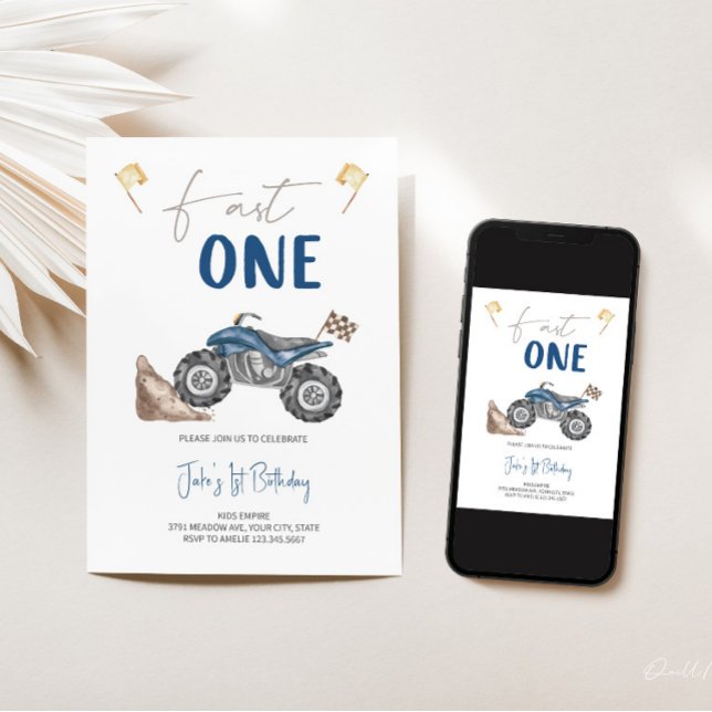 Blue Quad Bike 'Fast One' Birthday-inbjudan Inbjudningar (Skapare uppladdad)