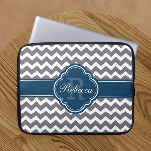 Blue Quatrefoil Monogram Grått Chevron Mönster Laptop Fodral