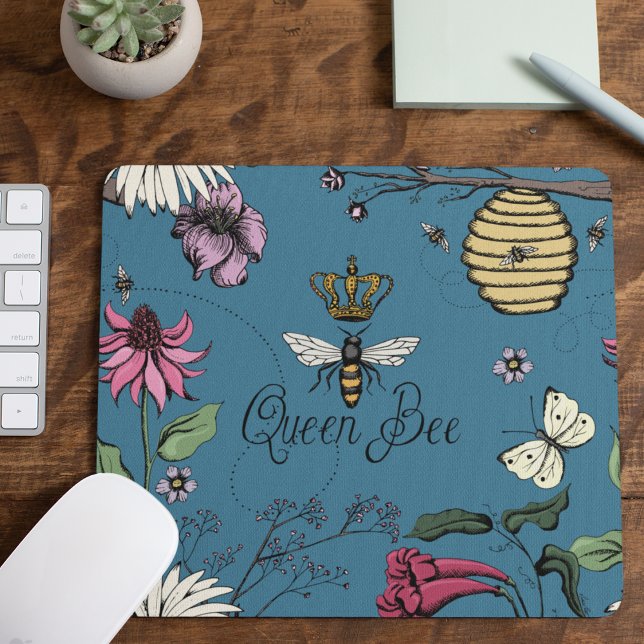 Blue Queen Bee Royal Krona Blommönster Musmatta (Blue Queen Bee Royal Crown Floral Pattern with Queen Bee, Crown, Exotic flowers, bees, beehive)