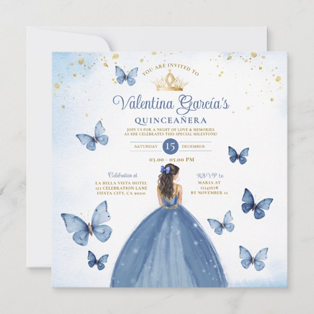 Blue Quinceañera 15 Anos Butterfly Guld Glitter Inbjudningar (Framsida)