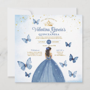 Blue Quinceañera 15 Anos Butterfly Guld Glitter Inbjudningar